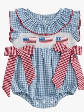 Blue Gingham Toddler Romper with Blue Bows 4th of July Usa Onesie Bubble Romper